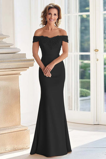 Black Off the Shoulder Sheath Mother of the Bride Dress with Appliques